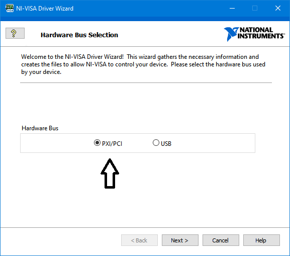 NI-VISA Driver Wizard - Hardware Bus Selection Window - Select PXI/PCI